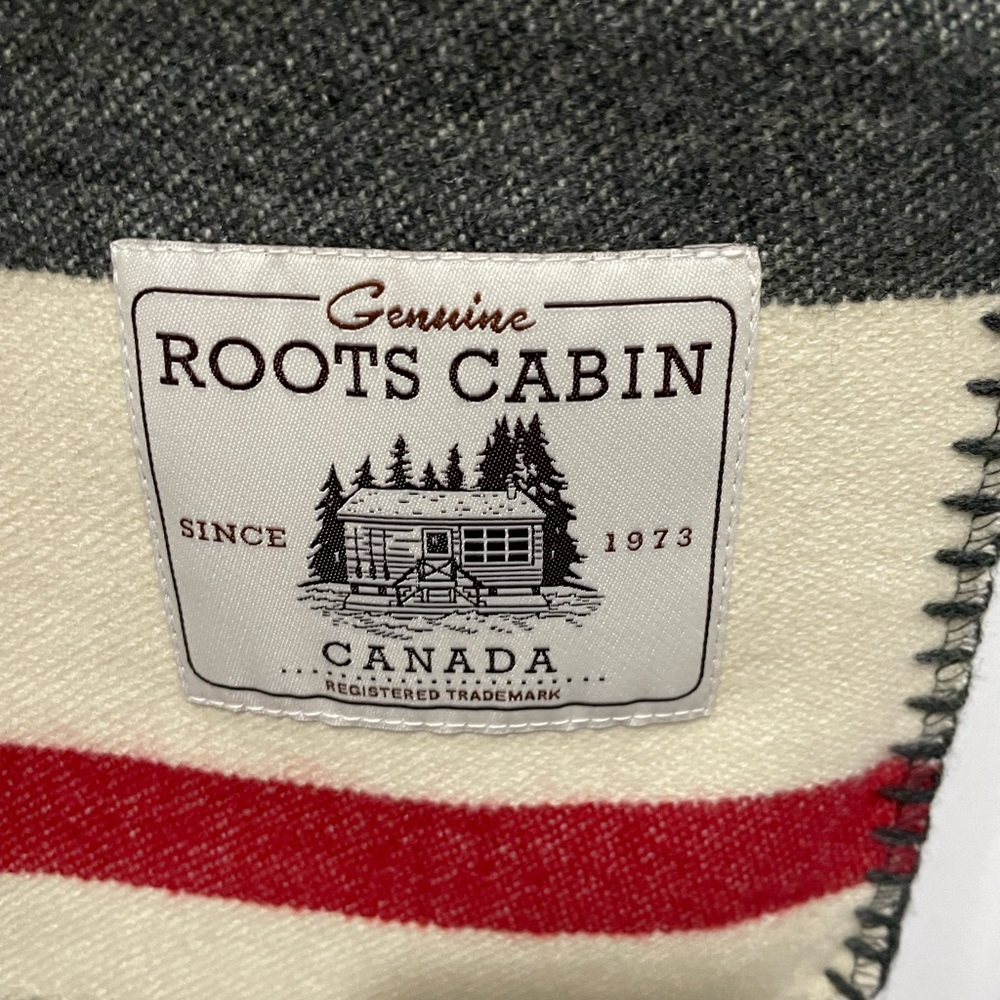 Roots Cabin Blanket with Gray, Cream, and Red Stripes